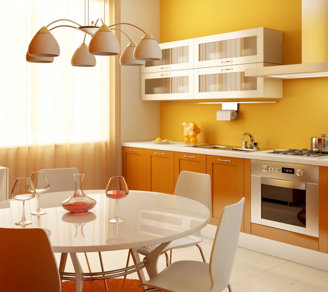 Kitchen Color Designs orange and white kitchen color white shelves orange cabinets dining table plastic chairs pendant lamp white countertop curtain